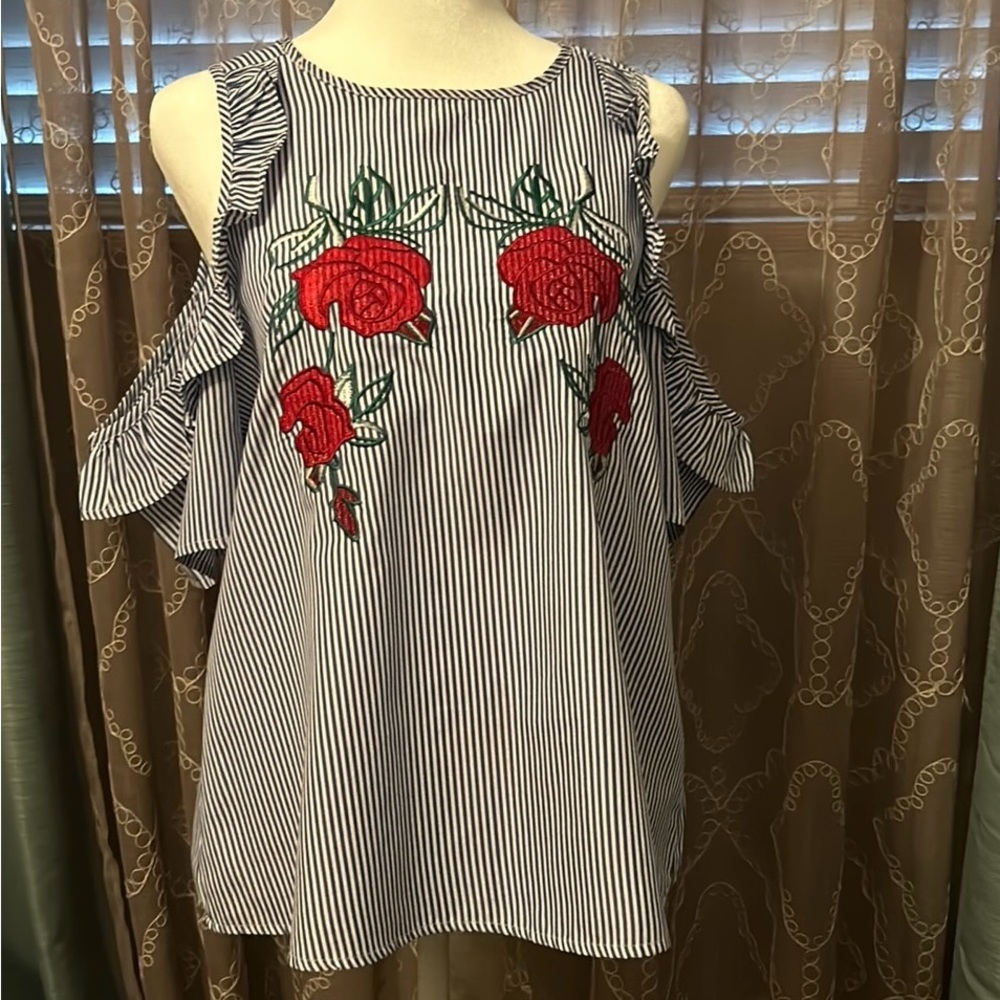 Blue/white striped shirt with beautiful embroidered red roses